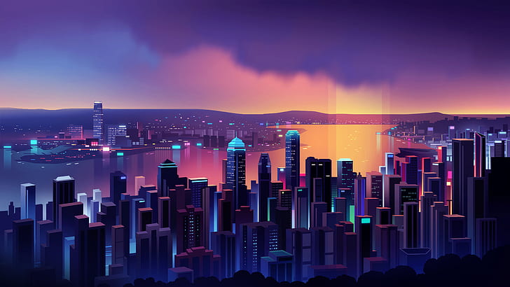 building, city, sky, lake, illustration, Romain Trystram, HD wallpaper
