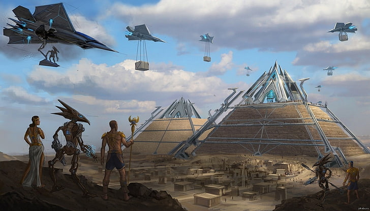 animated movie digital wallpaper, UFO, Egypt, pyramid, spaceship, HD wallpaper