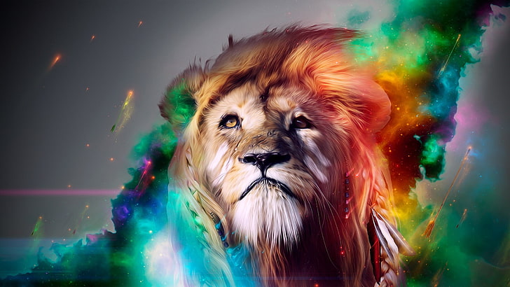 lion illustraiton, abstract, artwork, colorful, digital art, animal