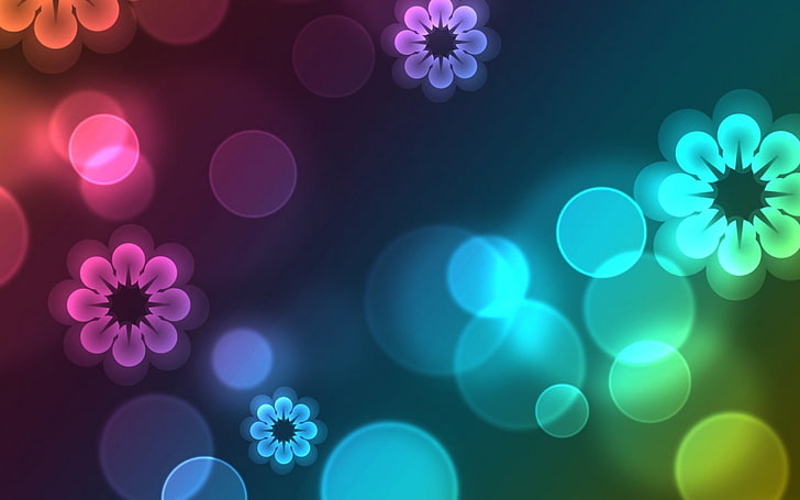 pink and green digital flowers wallpaper, glare, circles, patterns