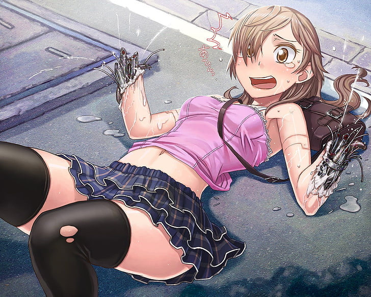 brown haired drone character, thigh-highs, skirt, brunette, long hair