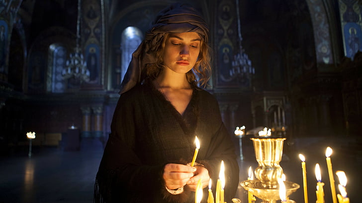 woman wearing black holding candle, War & Peace, Lily James, HD wallpaper