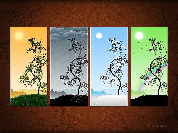 four panel painting of trees, Earth, Season, Fall, Spring, Summer, HD wallpaper