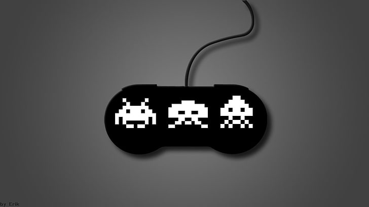 black controller with three monsters logo, Space Invaders, controllers