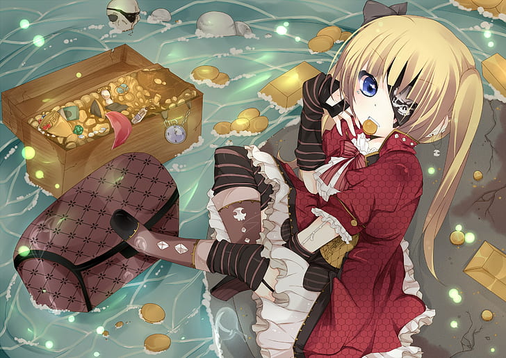 Anime Girls, Eye Patch, Treasure, Pirates, 2829x2000, HD wallpaper