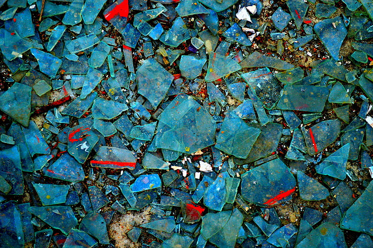 blue glass fragment lot, shattered, broken glass, shards, full frame
