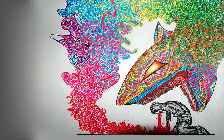 painting of shark, surreal, psychedelic, hoods, artwork, blood
