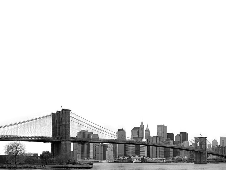 New York City, monochrome, cityscape, Brooklyn Bridge, built structure