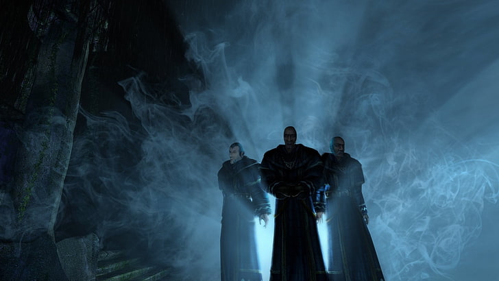 three men graphics artwork, Gothic II, video games, celebration