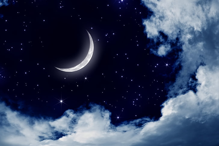 white clouds during nighttime under crescent moon digital wallpaper