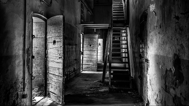 monochrome building architecture abandoned prisons prison door stairs hdr hallway, HD wallpaper