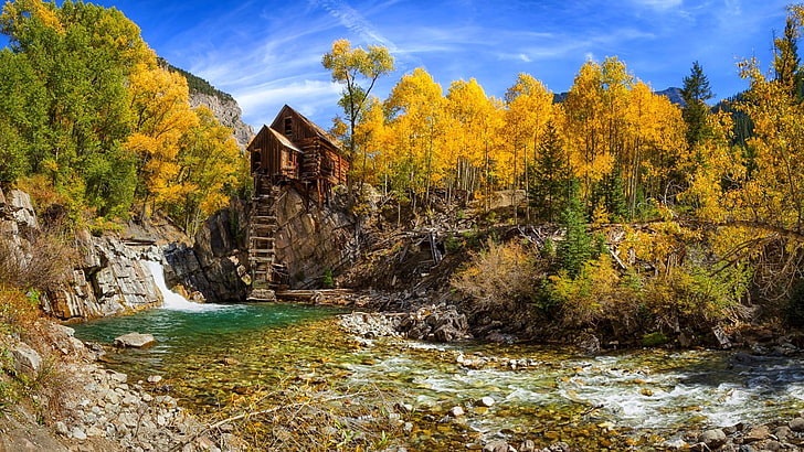 house on cliff near river painting, fall, nature, forest, Colorado