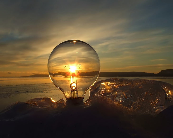 white light bulb, the sun, sunset, sea, nature, sky, dusk, outdoors, HD wallpaper