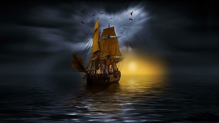 ship, boat, mast, sail, water, night, fantasy
