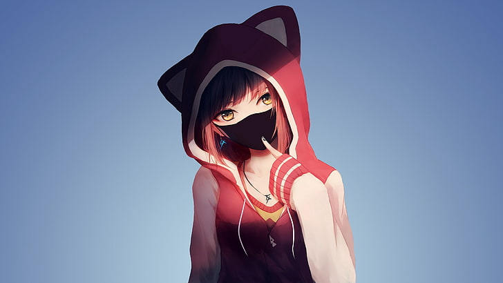 Hd Wallpaper Girl Wearing Cat Ear Hoodie Anime Illustration