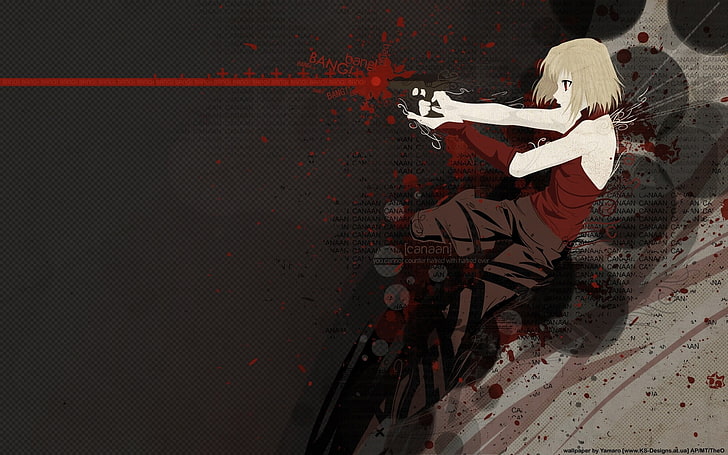 woman anime character holding gun wallpaper, Canaan, red, art and craft