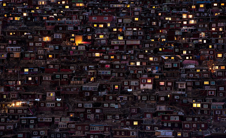concrete houses, photography, lights, window, favelas, architecture, HD wallpaper