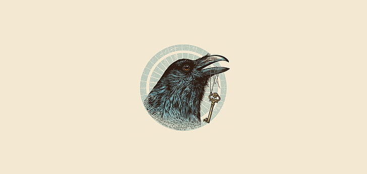 black crow with skeleton key on bill wallpaper, eyes, minimalism