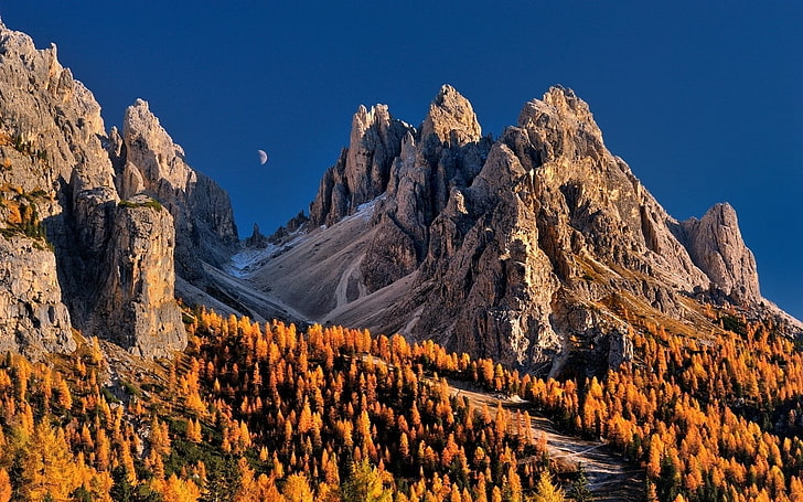 nature, landscape, Moon, blue, sky, mountains, forest, fall