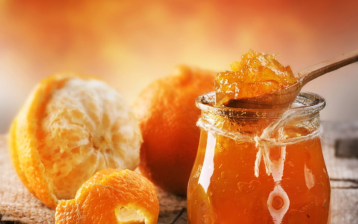 orange marmalade on clear glass container, jelly, orange (fruit)