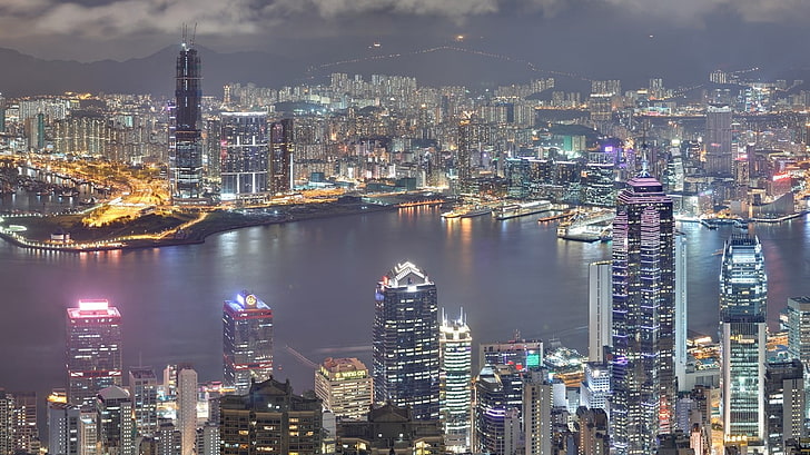 high-rise buildings, cityscape, night, landscape, Hong Kong, building exterior