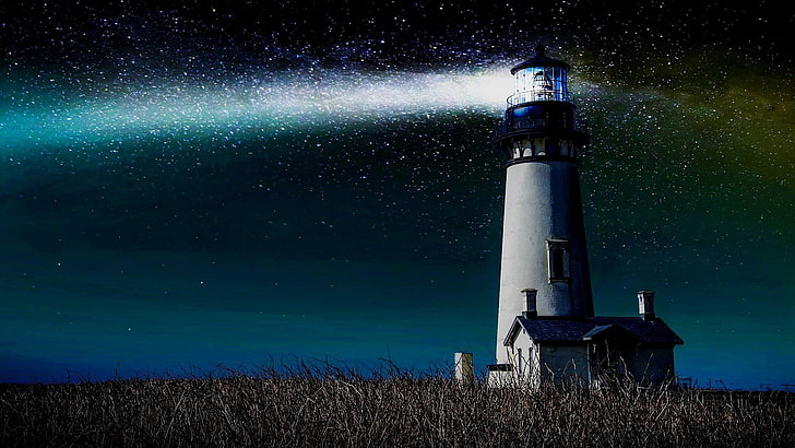 lighthouse, night, starry night, stars, field, night lights, HD wallpaper