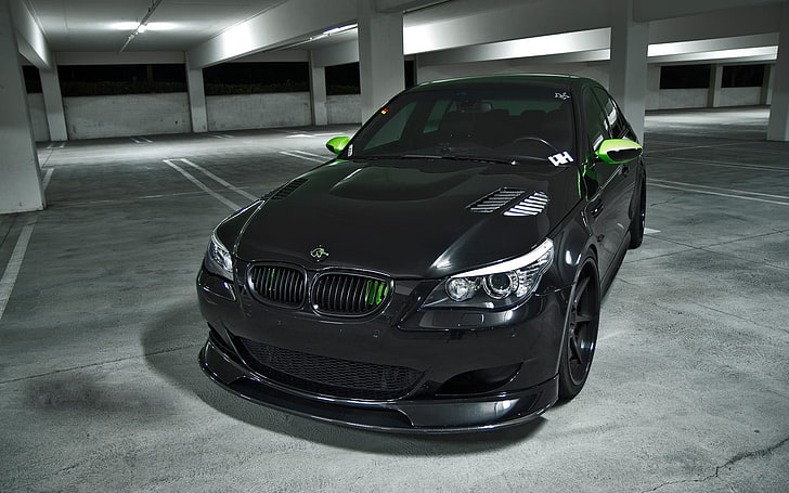 black BMW E60 sedan, tuning, shadow, Parking, Blik, car, land Vehicle