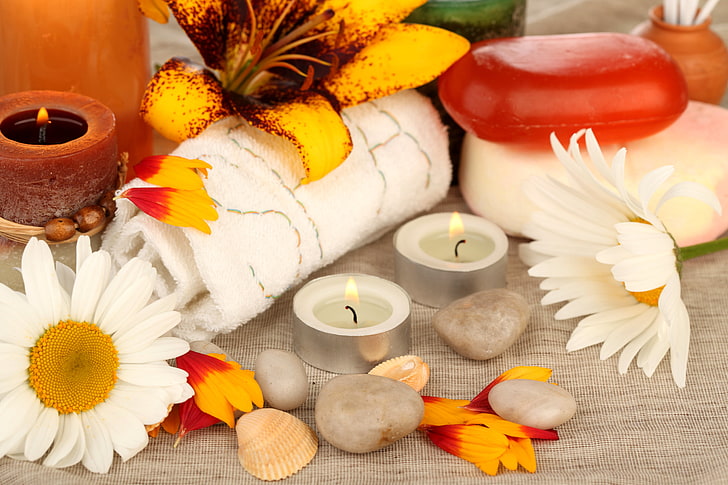 two tealight candles and several stones, flowers, chamomile, petals, HD wallpaper