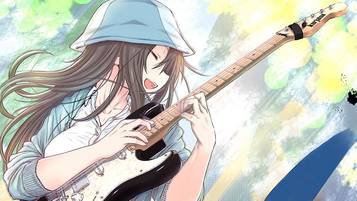 anime girls, guitar, musical instrument, open mouth, HD wallpaper