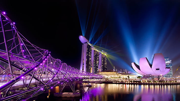 city, lights, night, marina bay, singapore, asia, helix bridge