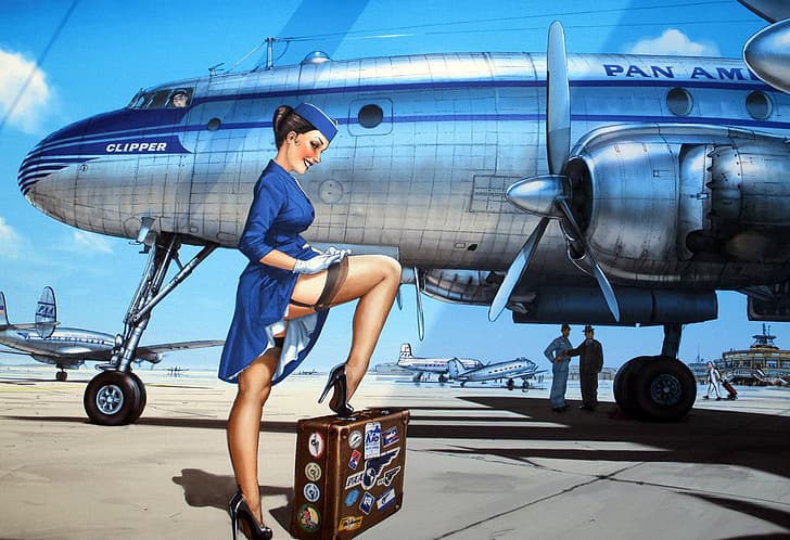 airplane, stewardess, nylon stockings, HD wallpaper