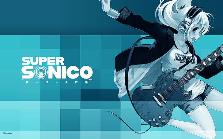 anime girls, Super Sonico, guitar, jumping