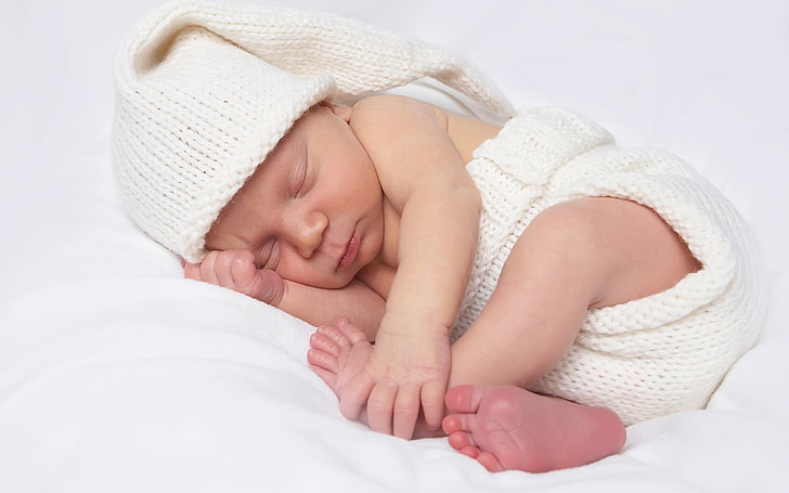 baby's white beanie, sleep, cap, child, sleeping, cute, newborn, HD wallpaper