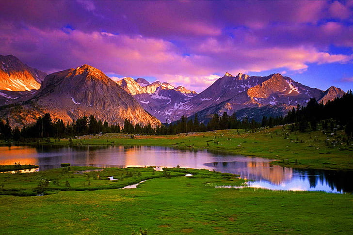 Glowing Mountains, reflection, nature, grass, beautiful, pond, HD wallpaper