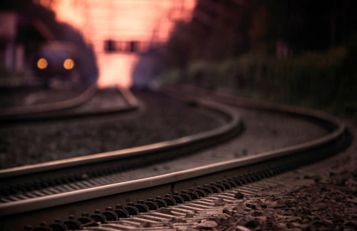 black railway, macro, the way, lights, photo, rails, train, the evening, HD wallpaper
