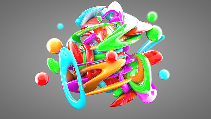 pink, green, and yellow plastic toy, 3D, Cinema 4D, digital art