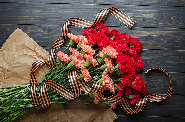 flowers, bouquet, St. George ribbon, red, May 9, clove, Victory Day