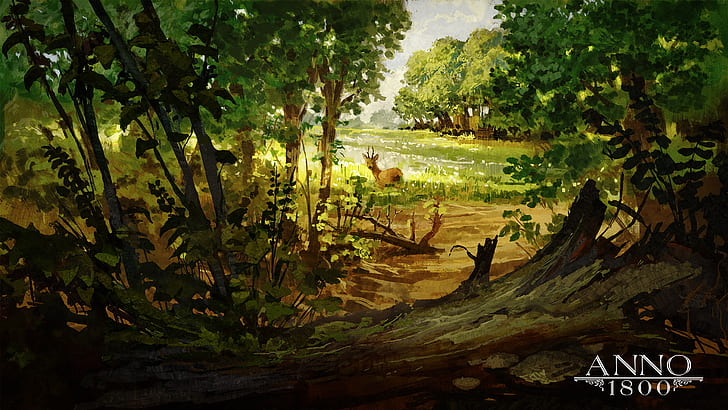 Anno 1800, artwork, Ubisoft, video games, forest, deer, trees, HD wallpaper