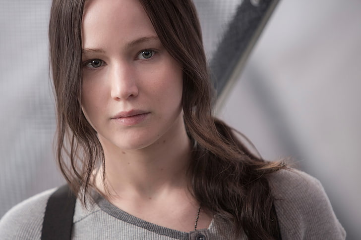 women's gray and black crew-neck shirt, Jennifer Lawrence, Katniss Everdeen