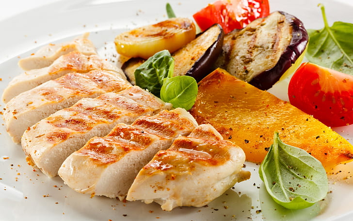 Grilled Food, sliced chicken meat, vegetables, plate