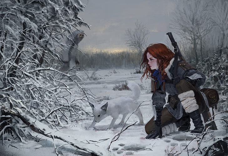 girl near white dog digital wallpaper, fantasy art, snow, cold temperature