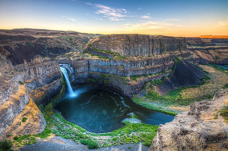 clear waterfalls, landscape, river, rocks, view, canyon, Washington, HD wallpaper