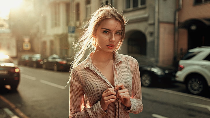 women's beige long-sleeved top, blonde haired woman wearing brown button-up shirt