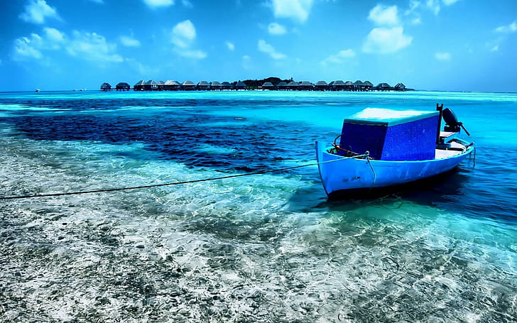Kuda Huraa Maldives, blue boat on shoreline, island, beach, atoll