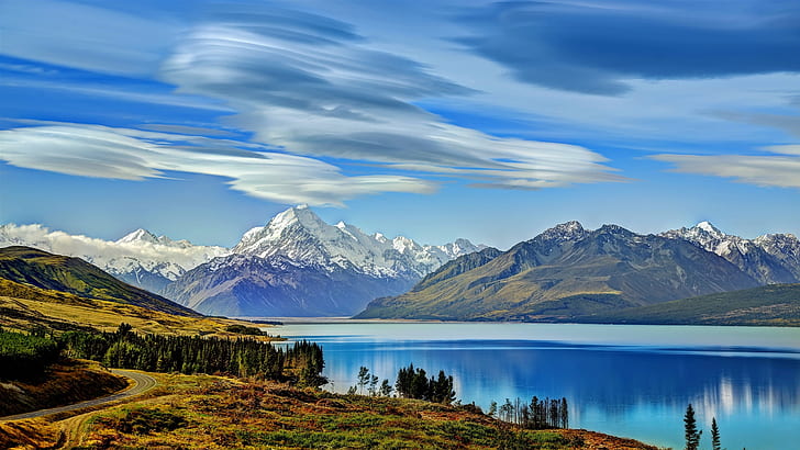New Zealand, Lake Pukaki, mountains, trees, clouds