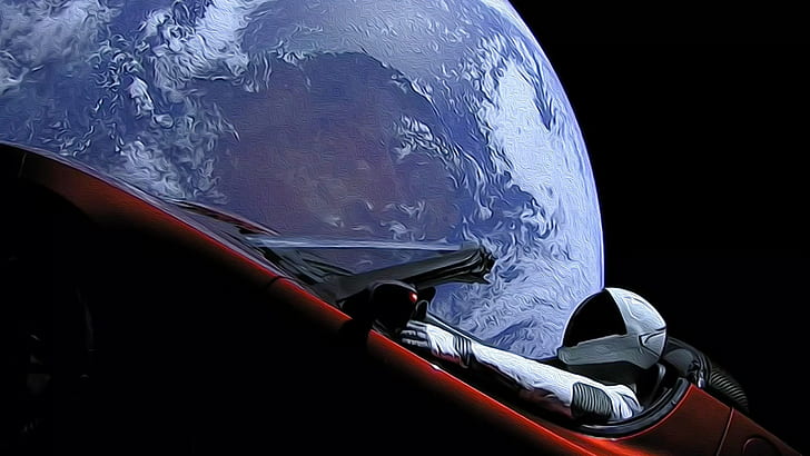 space, car, Starman, Earth, digital art, Tesla Roadster, SpaceX, HD wallpaper