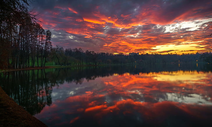 lake, landscape, sunset, reflection, orange sky, skyscape, HD wallpaper
