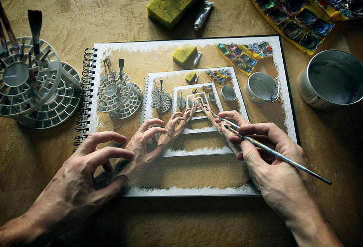 painting, canvas, perspective, hands, paintbrushes, paint can