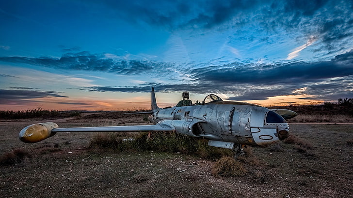 gray airplane, landscape, wreck, military aircraft, jet fighter