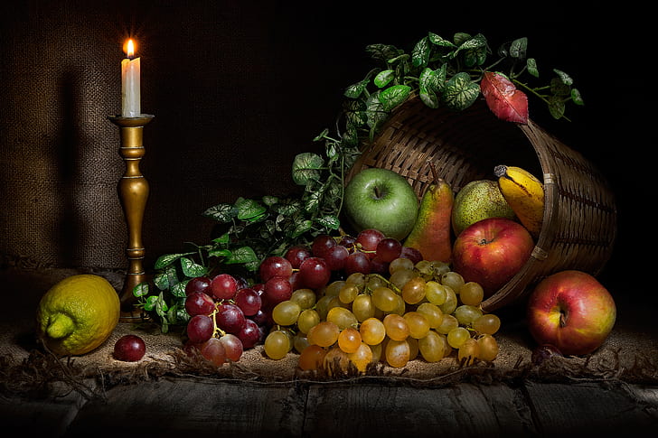 Food, Still Life, Apple, Candle, Fruit, Grapes, Lemon, HD wallpaper
